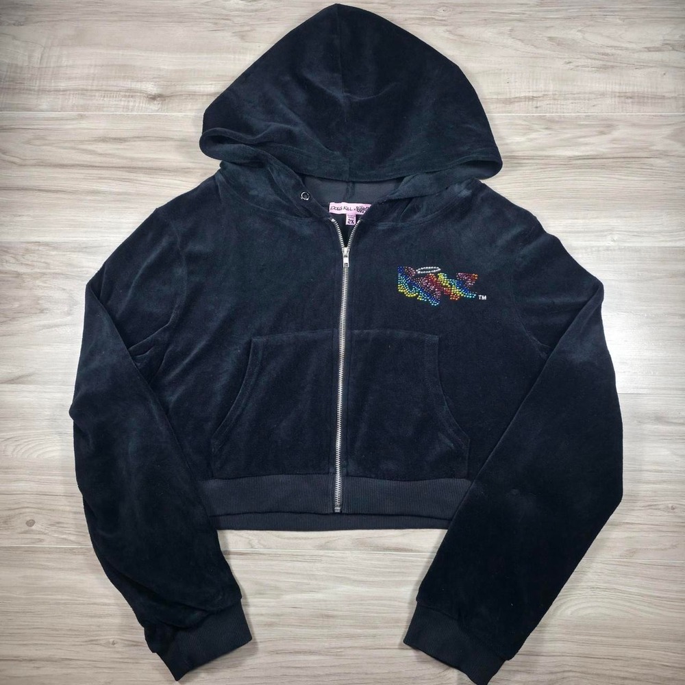 Black Bratz x Dolls Kill Velour Zip Rainbow Rhinestone Hoodie